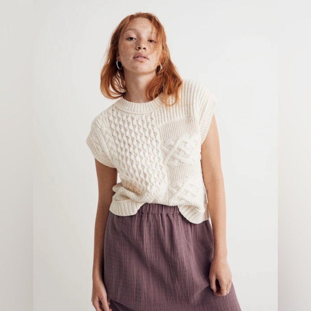 Madewell Ivory Patchwork Sleevless Cable Knit Patchwork Sweater Vest Size Small